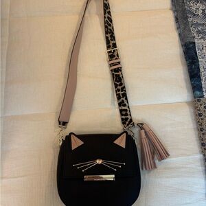 Kate Spade Black Cat Crossbody Bag with Leopard Strap
